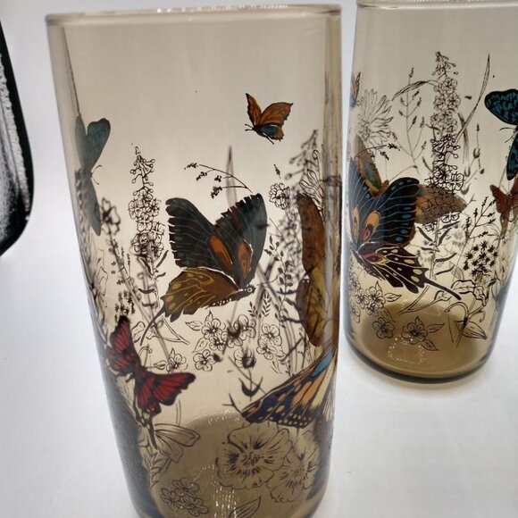 Vintage 70s Anchor Hocking Butterfly Smokey Brown Tea Glass Glasses - Lot of 4 - Picture 1 of 6